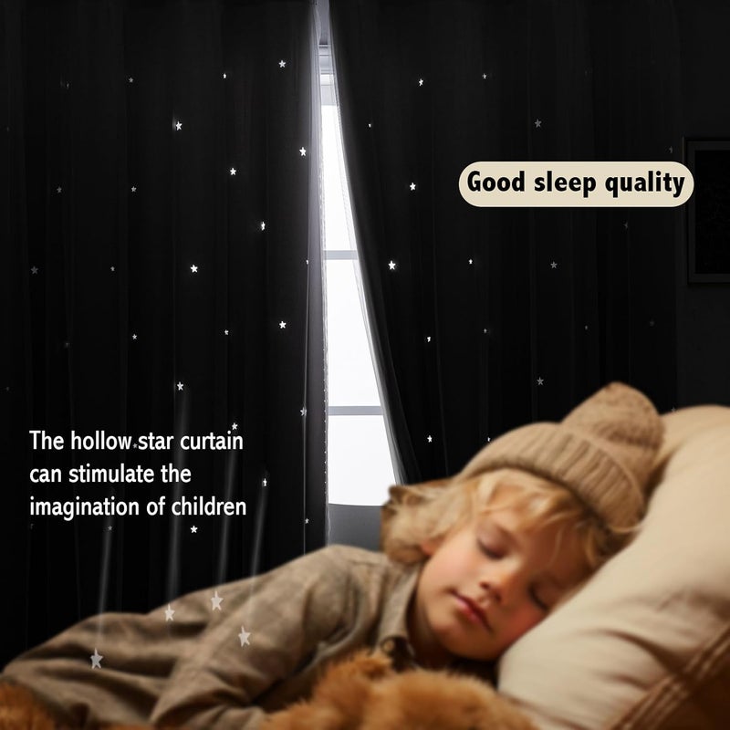 indistar Colourful Stripe Star Cut-Out Blackout Curtains for Bedroom,2 Layers Mix Design of Fabric & Tulle,Pretty Window Curtain for Kids Room 1 Panel (W52 x L84 Dark Grey) - Image 3